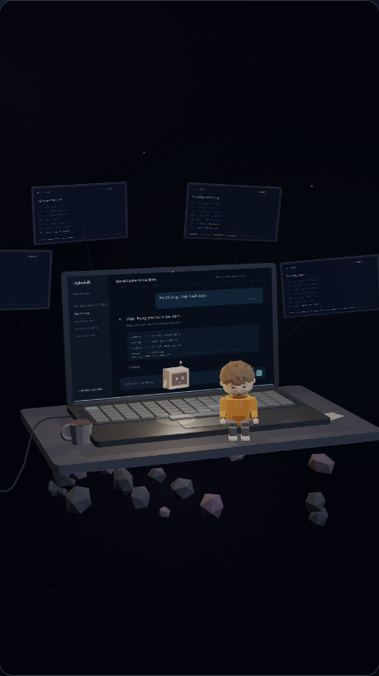 The included floating desk, oversized laptop, coffee cup, HUMAN and terminal AI in deep space